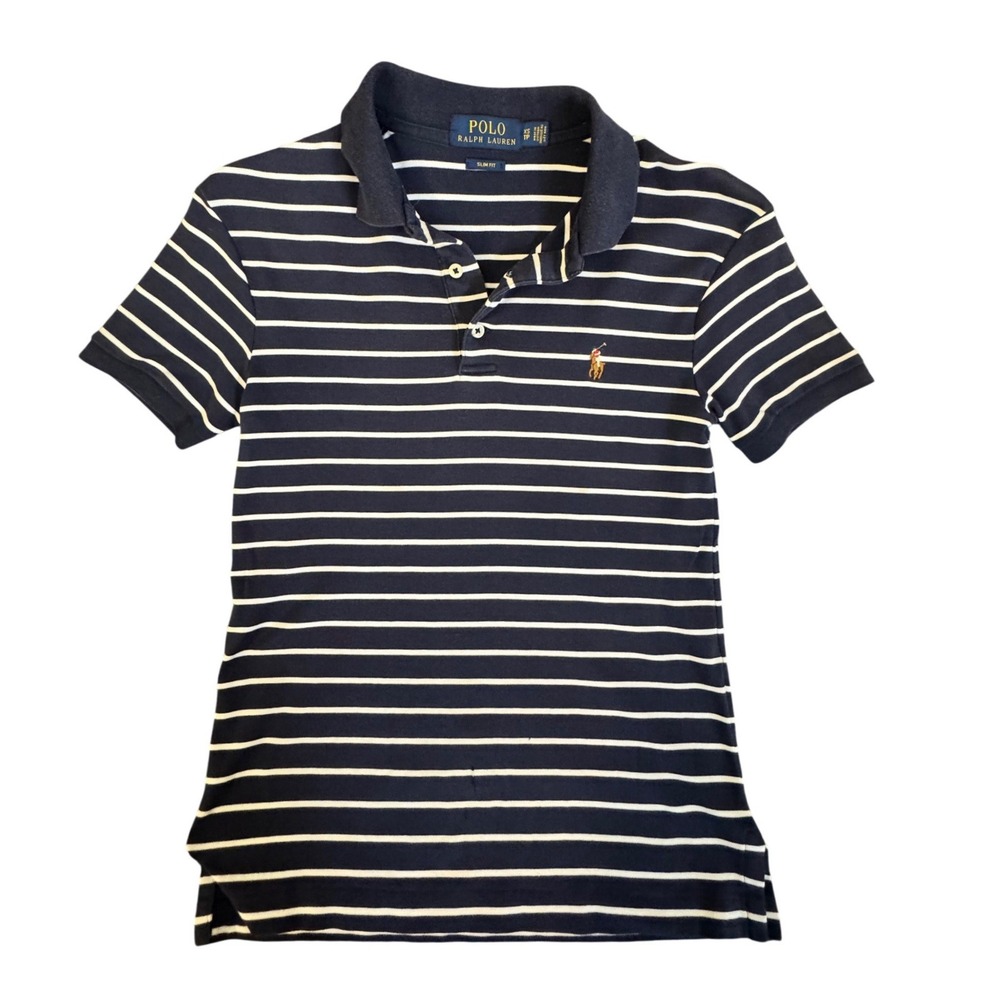 Polo Ralph Lauren Womens XS Slim Fit Navy Blue White Striped Short Sleeve Polo